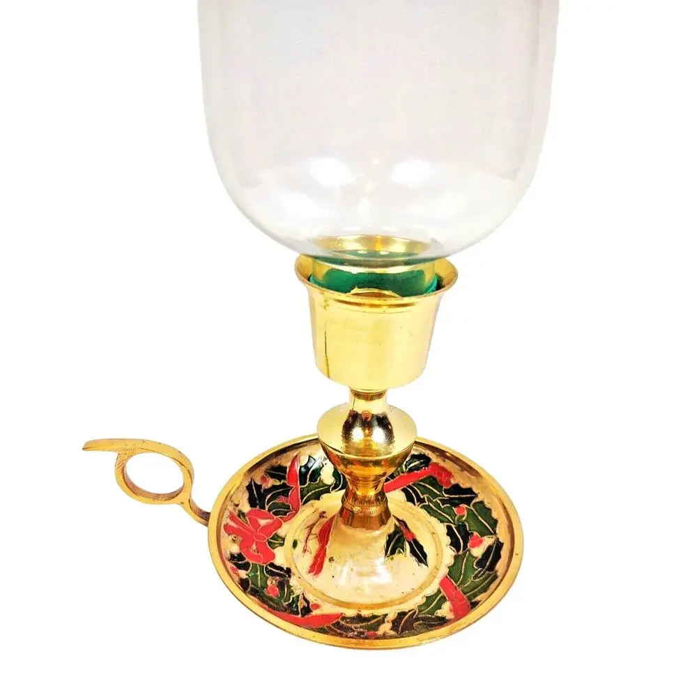Vintage Brass Chamber Candlestick Holder Painted Enamel Holly Berry Glass Globe
